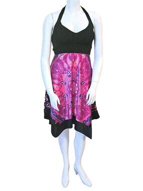 LE CHATEAU Black & Pink Handkerchief Hemline Halter Dress Size Large